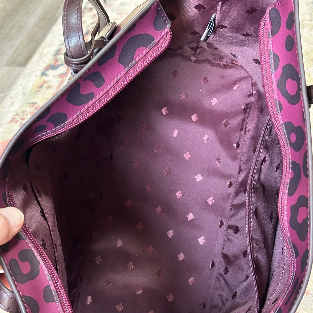 Kate Spade Tote Bag Womens Large Plum Black Leopard Animal Print Shoulder Bag